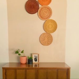 VTG round boho basket orange wall or table decor
